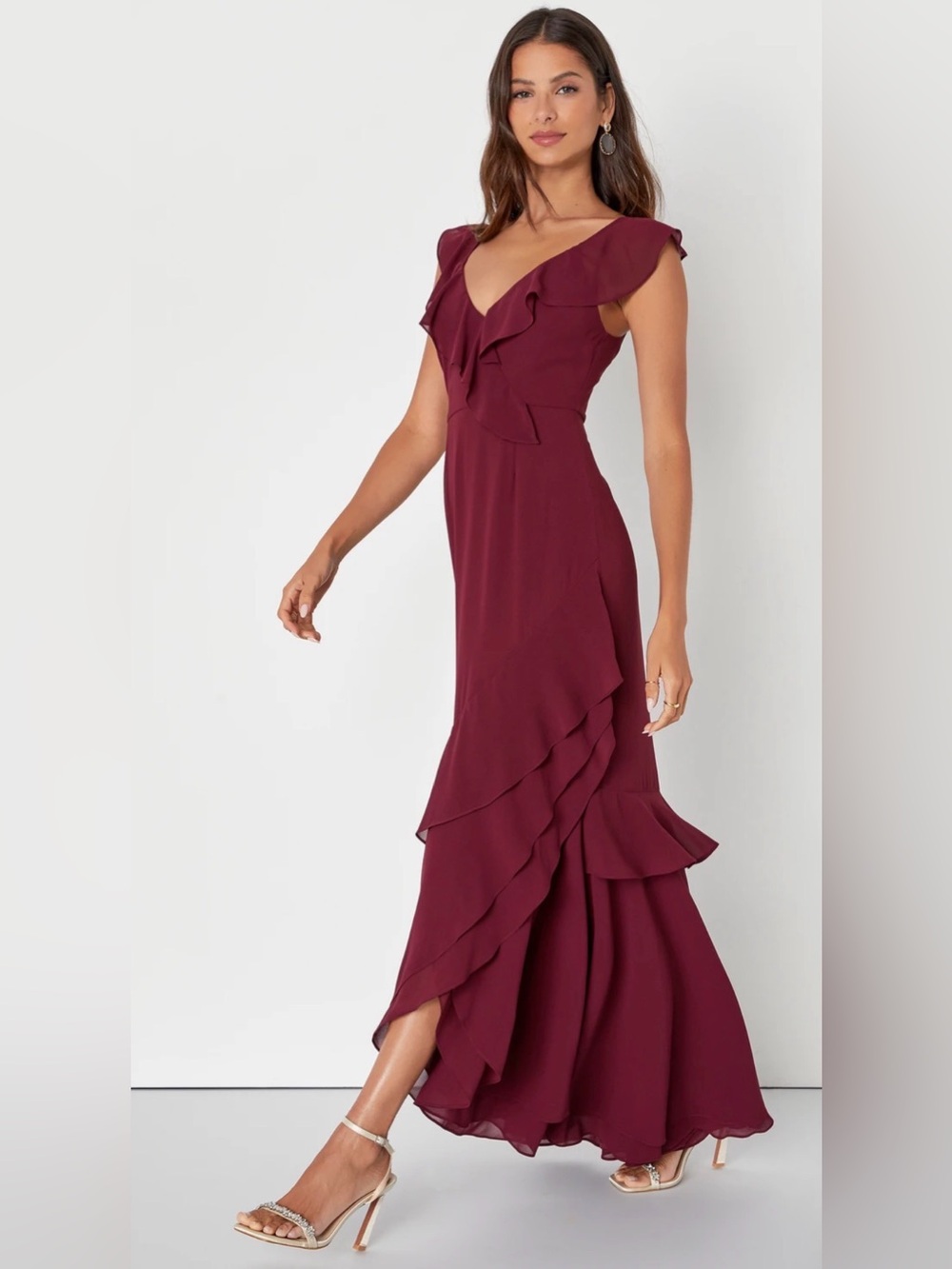 Lulu's Charming Event Burgundy Asymmetrical Ruffled Maxi Dress Small Wedding NWT - Picture 3 of 12